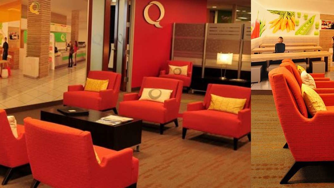 Corporate Office Furniture Design Denver: Quiznos Corporate Headquarters red waiting room chairs espresso table